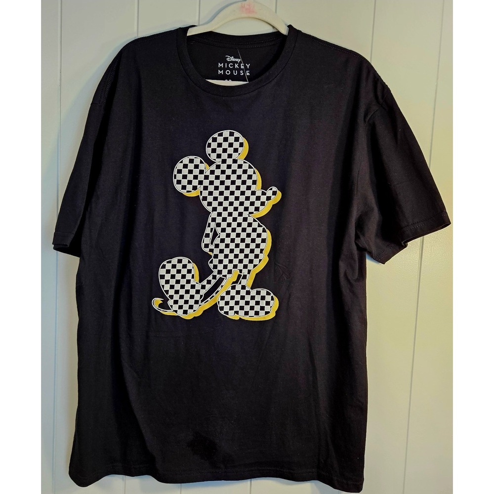 Disney Mickey Mouse Checkerboard Print Black T Shirt XL